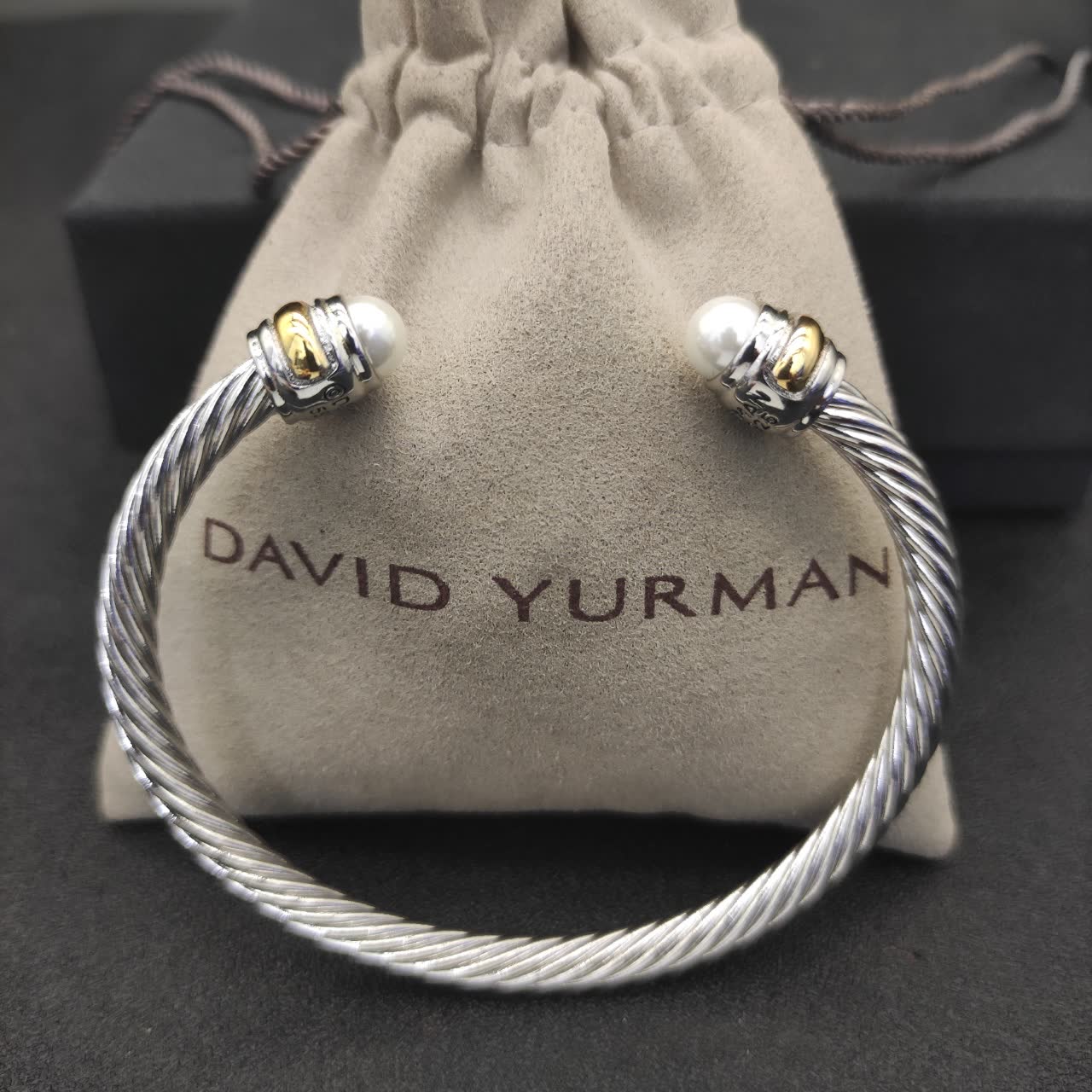 David Yurman Silver Cable Wire Bangle Bracelet with Pearl Ends
